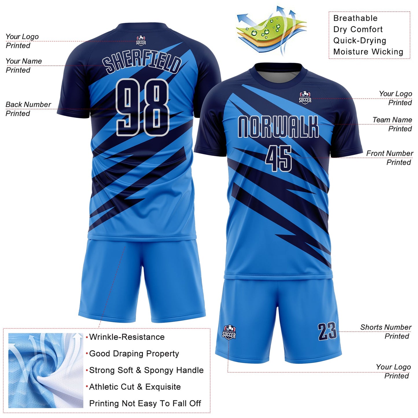 Custom Navy Powder Blue-White Abstract Line Sports Sublimation Soccer Uniform Jersey view 4