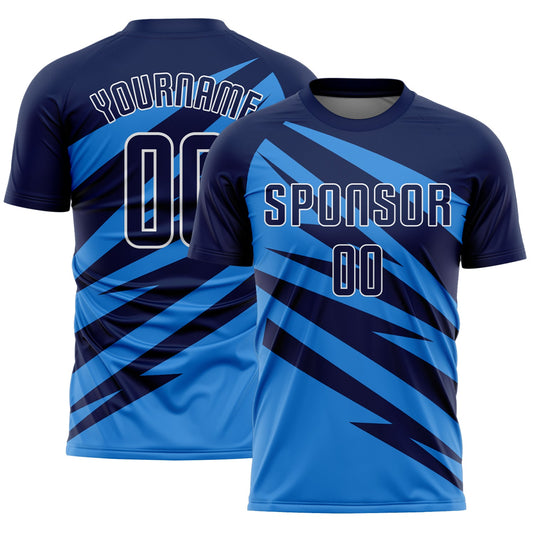 Custom Navy Powder Blue-White Abstract Line Sports Sublimation Soccer Uniform Jersey - Main View
