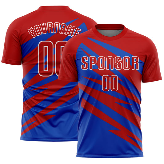 Custom Red Thunder Blue-White Abstract Line Sports Sublimation Soccer Uniform Jersey - Main View