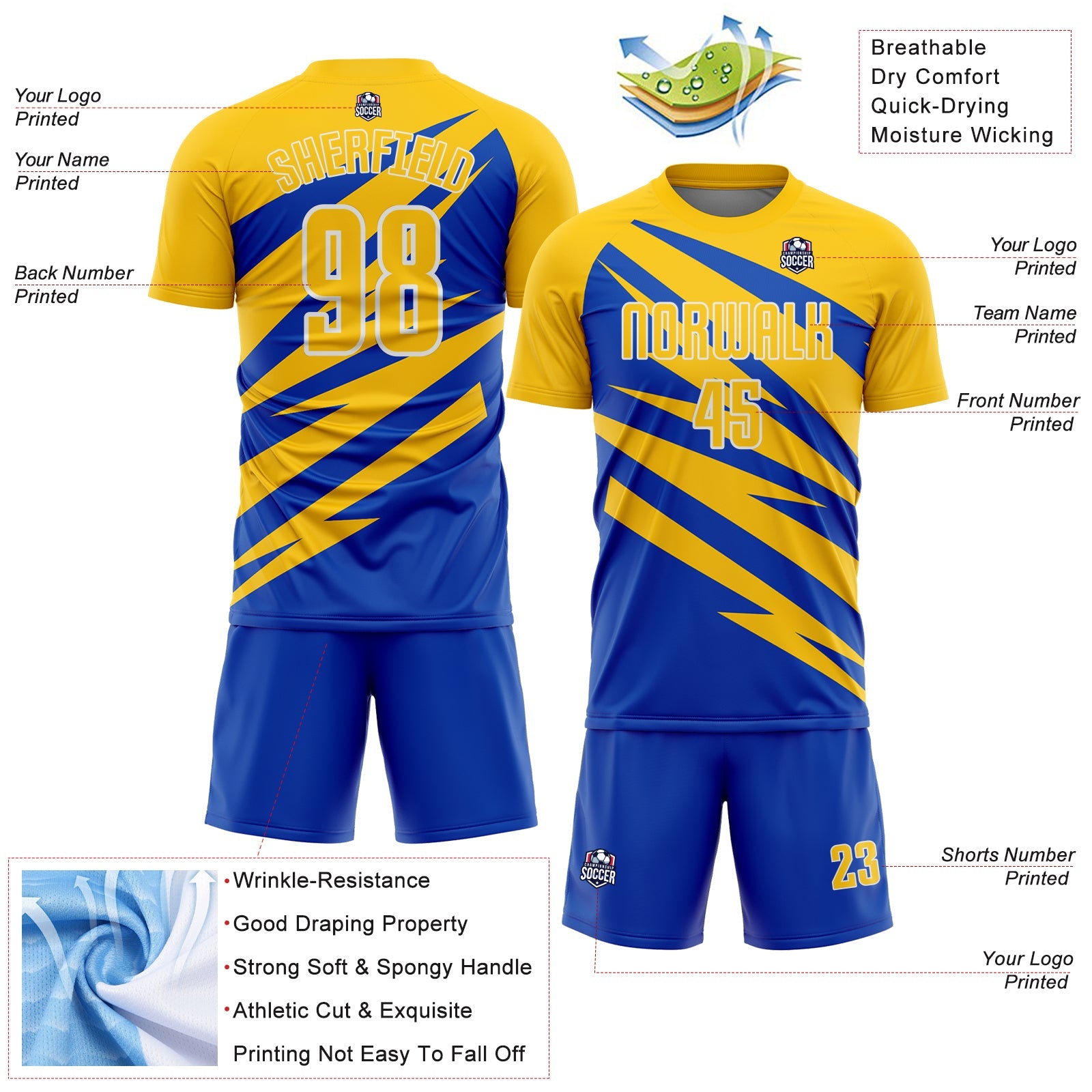 Custom Yellow Thunder Blue-White Abstract Line Sports Sublimation Soccer Uniform Jersey view 4