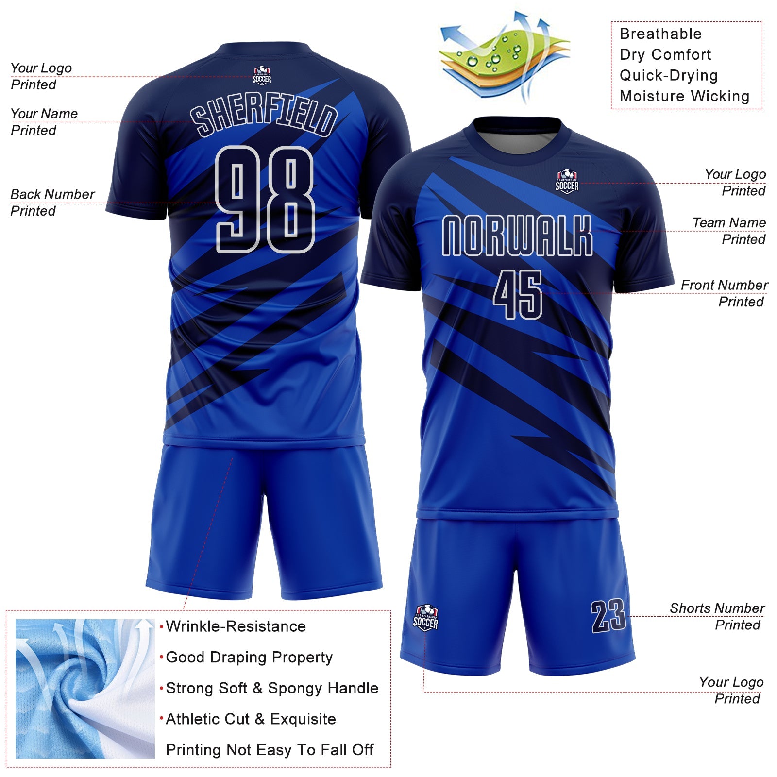 Custom Navy Thunder Blue-White Abstract Line Sports Sublimation Soccer Uniform Jersey view 4