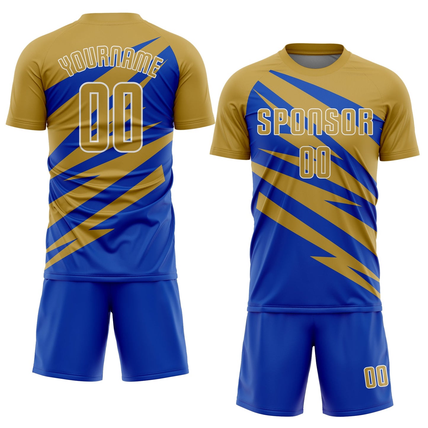 Custom Old Gold Thunder Blue-White Abstract Line Sports Sublimation Soccer Uniform Jersey view 2