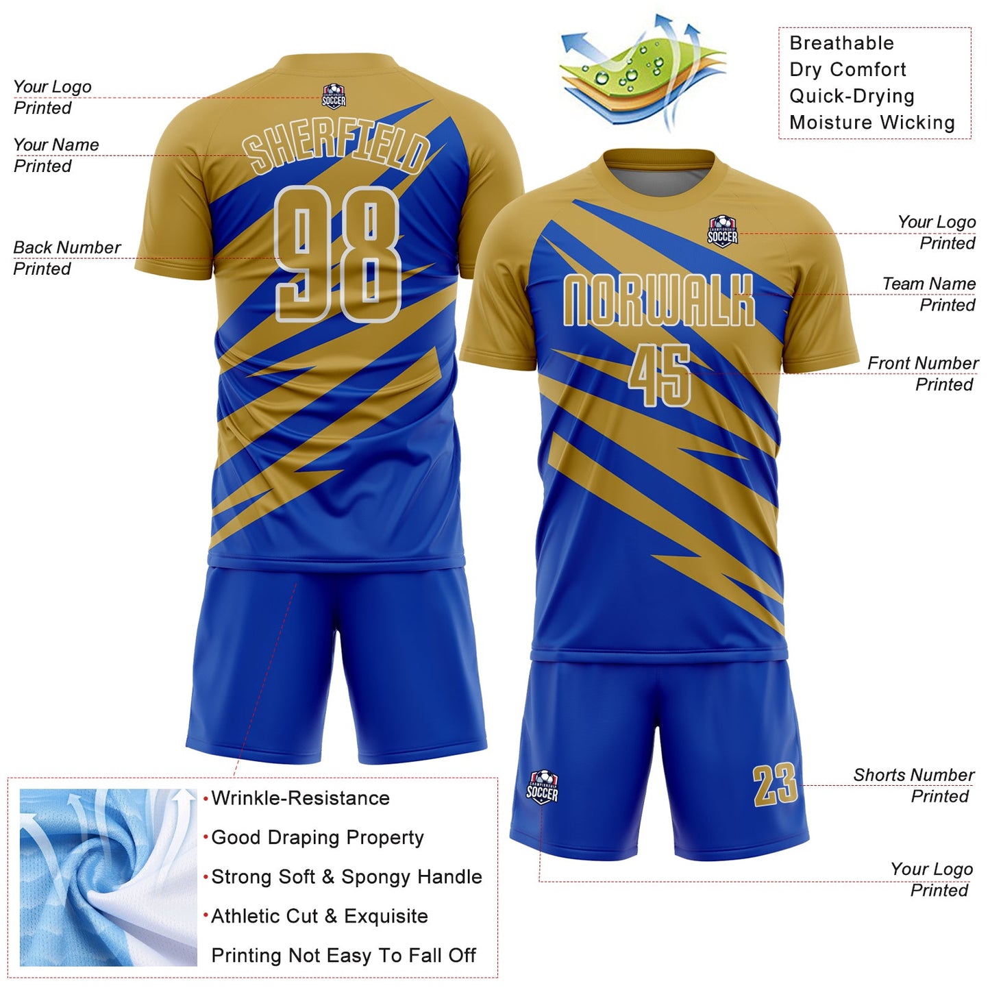 Custom Old Gold Thunder Blue-White Abstract Line Sports Sublimation Soccer Uniform Jersey view 4