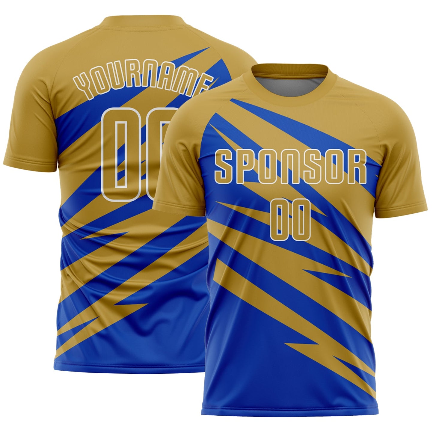 Custom Old Gold Thunder Blue-White Abstract Line Sports Sublimation Soccer Uniform Jersey - Main View