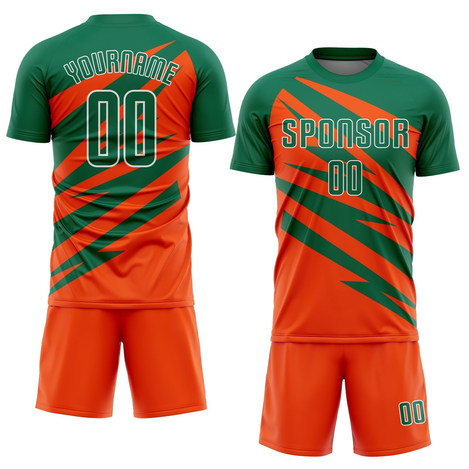 Custom Kelly Green Orange-White Abstract Line Sports Sublimation Soccer Uniform Jersey view 2