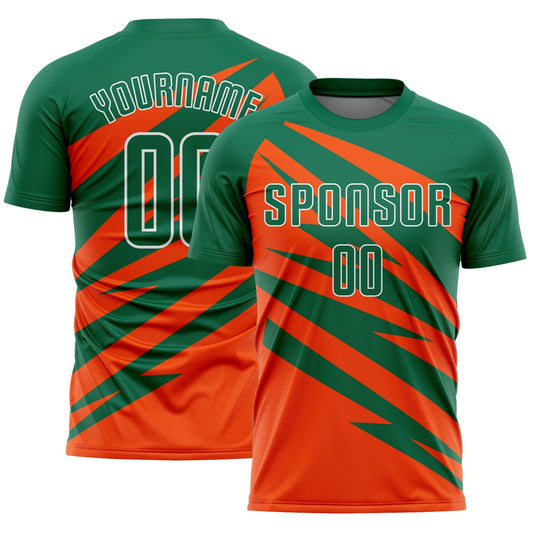 Custom Kelly Green Orange-White Abstract Line Sports Sublimation Soccer Uniform Jersey - Main View