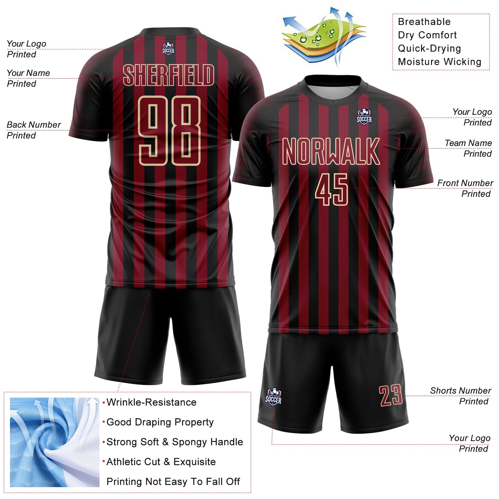 Custom Black Crimson-Cream Stripe Sports Sublimation Soccer Uniform Jersey view 4