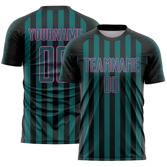 Custom Black Teal-Pink Stripe Sports Sublimation Soccer Uniform Jersey - Main View