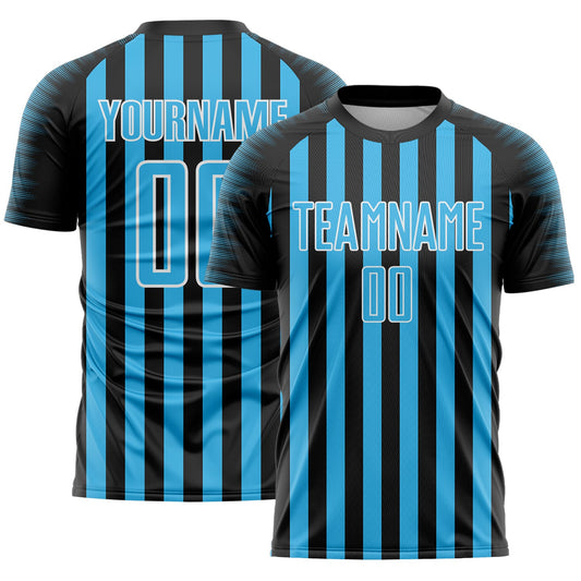 Custom Black Sky Blue-White Stripe Sports Sublimation Soccer Uniform Jersey - Main View