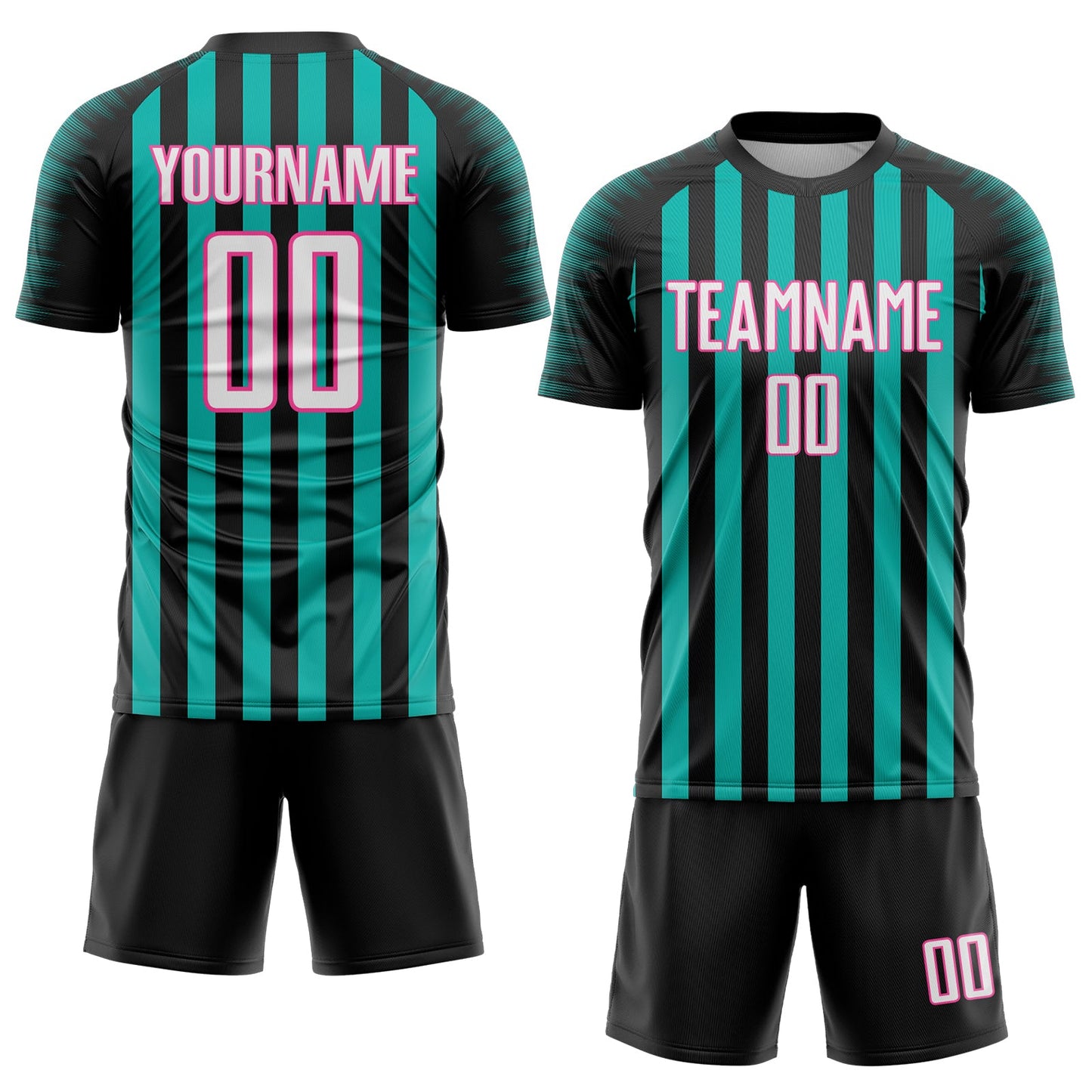 Custom Black White Aqua-Pink Stripe Sports Sublimation Soccer Uniform Jersey view 2