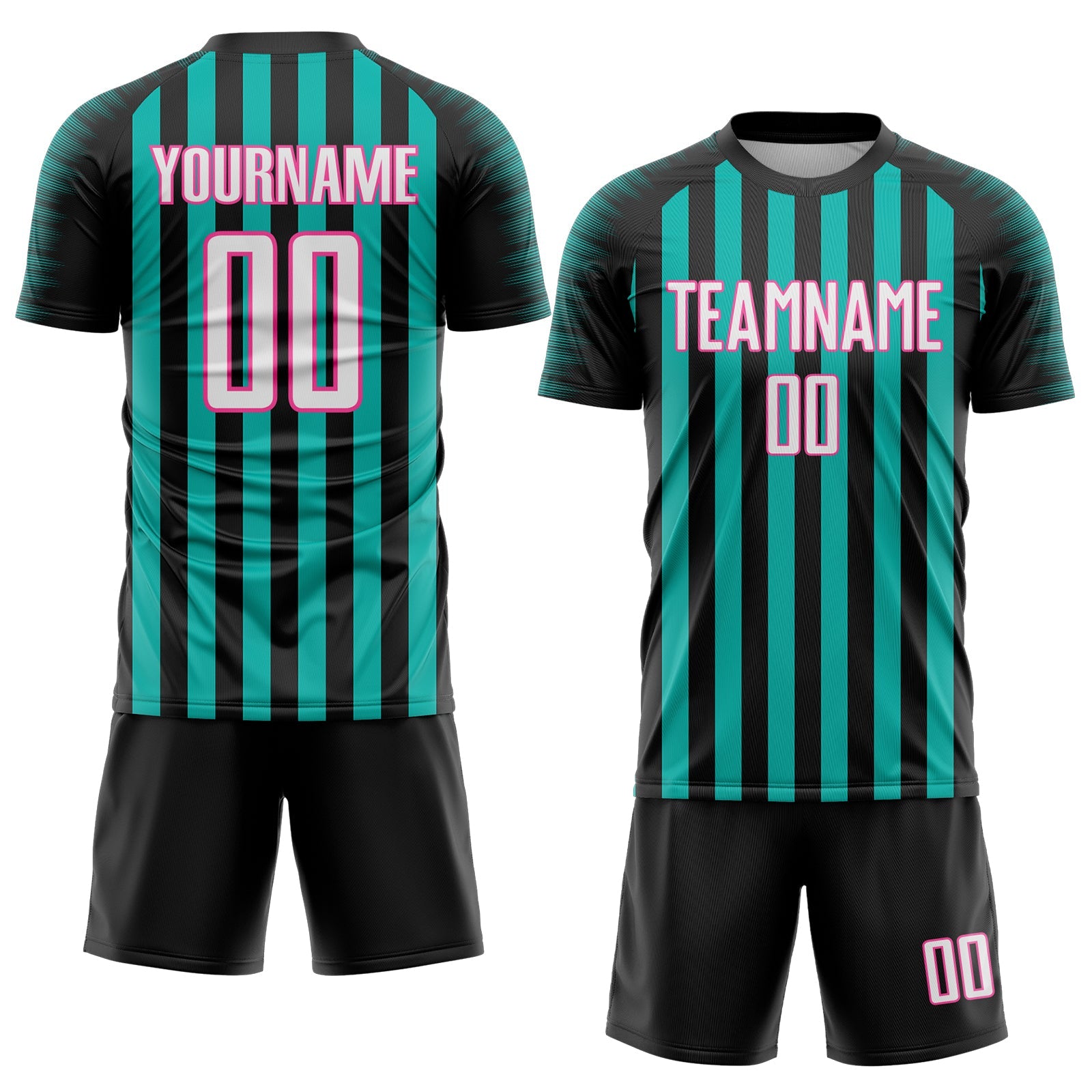 Custom Black White Aqua-Pink Stripe Sports Sublimation Soccer Uniform Jersey view 2