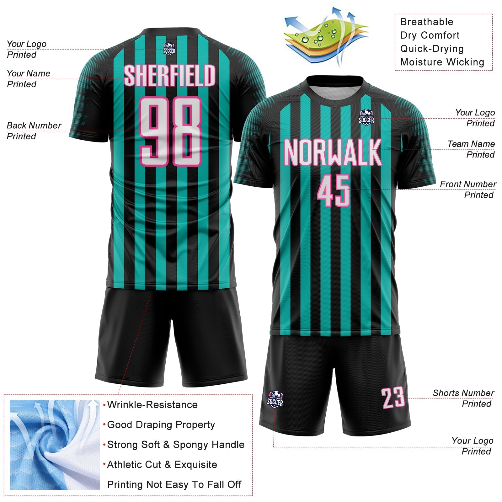 Custom Black White Aqua-Pink Stripe Sports Sublimation Soccer Uniform Jersey view 4