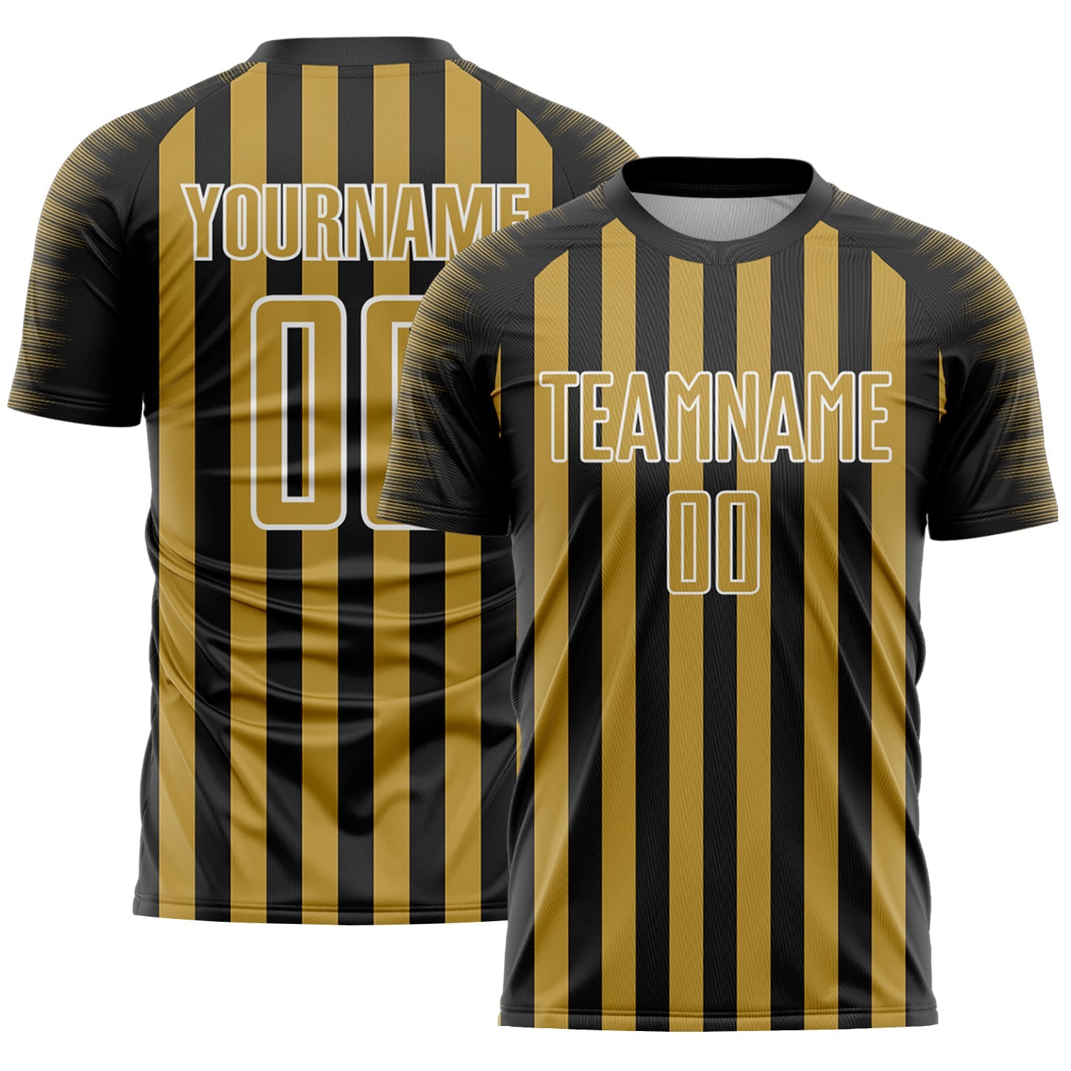 Custom Black Old Gold-White Stripe Sports Sublimation Soccer Uniform Jersey - Main View