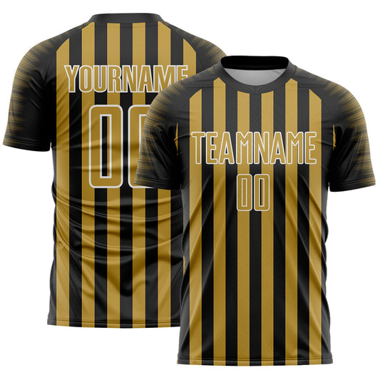 Custom Black Old Gold-White Stripe Sports Sublimation Soccer Uniform Jersey - Main View