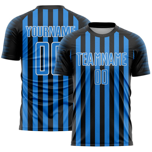 Custom Black Powder Blue-White Stripe Sports Sublimation Soccer Uniform Jersey - Main View