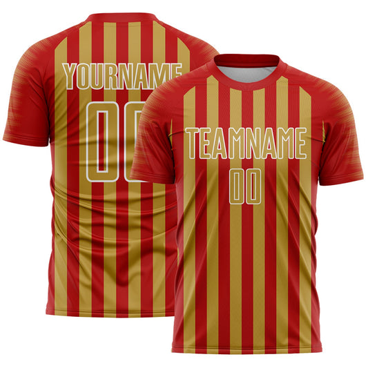 Custom Red Old Gold-White Stripe Sports Sublimation Soccer Uniform Jersey - Main View