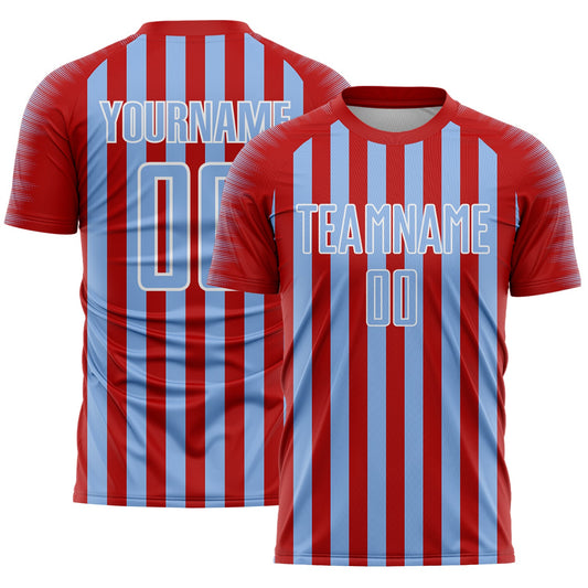 Custom Red Light Blue-White Stripe Sports Sublimation Soccer Uniform Jersey - Main View