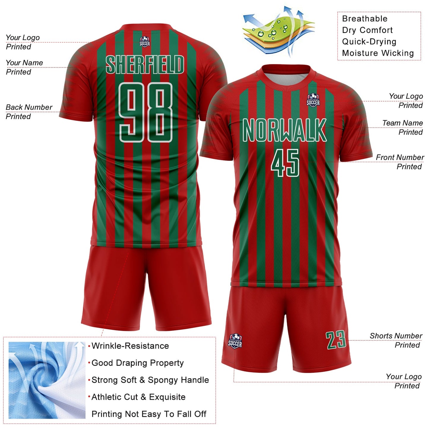 Custom Red Kelly Green-White Stripe Sports Sublimation Soccer Uniform Jersey view 4
