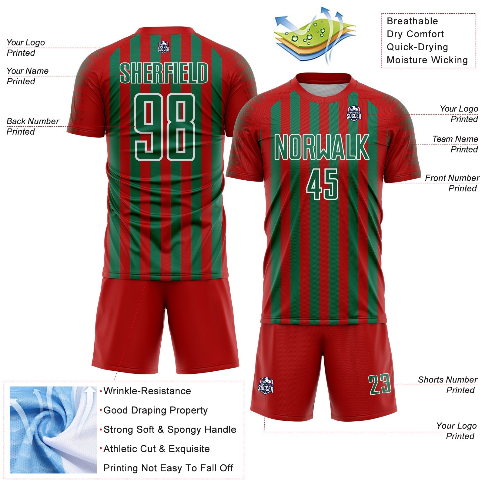 Custom Red Kelly Green-White Stripe Sports Sublimation Soccer Uniform Jersey view 4