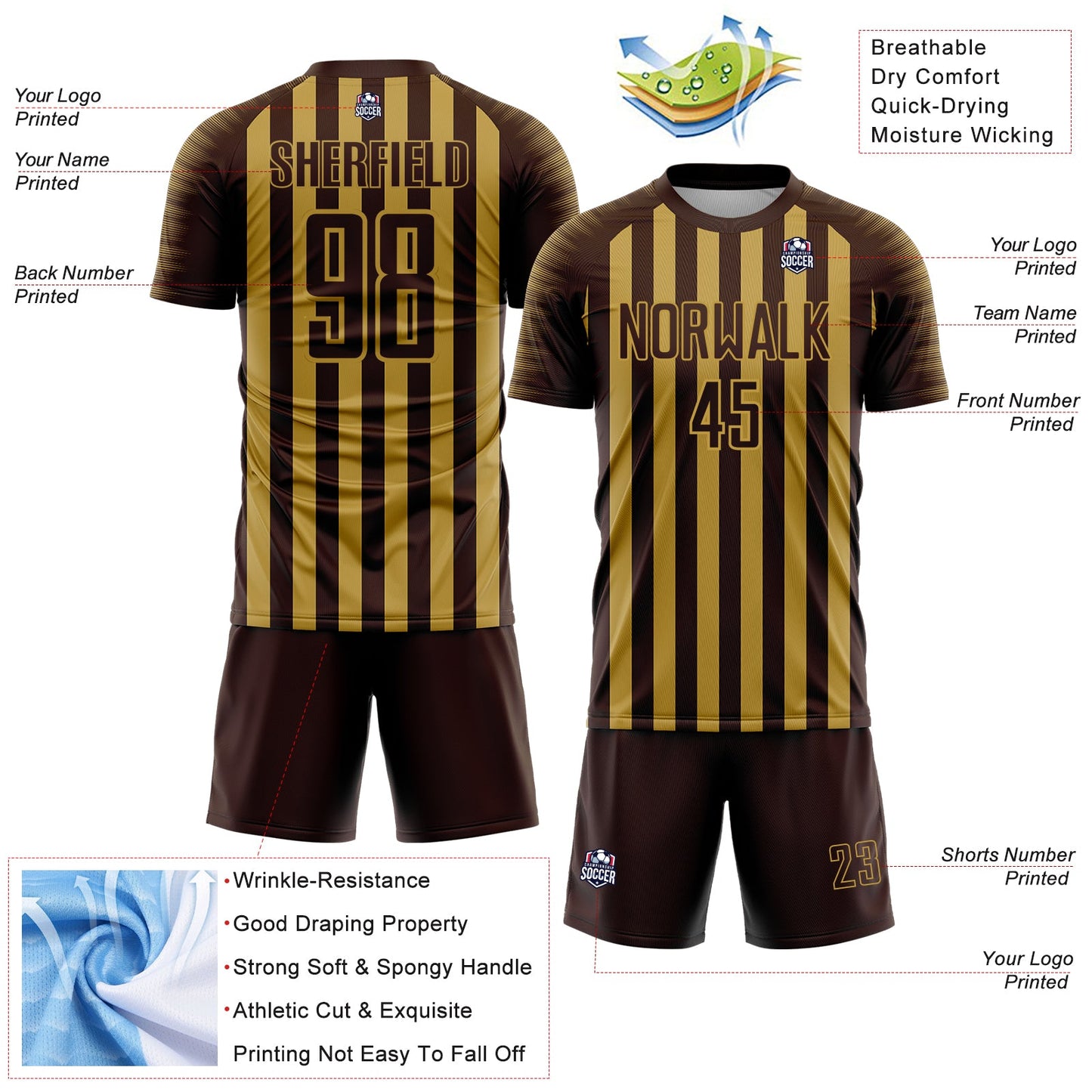 Custom Brown Old Gold Stripe Sports Sublimation Soccer Uniform Jersey view 4
