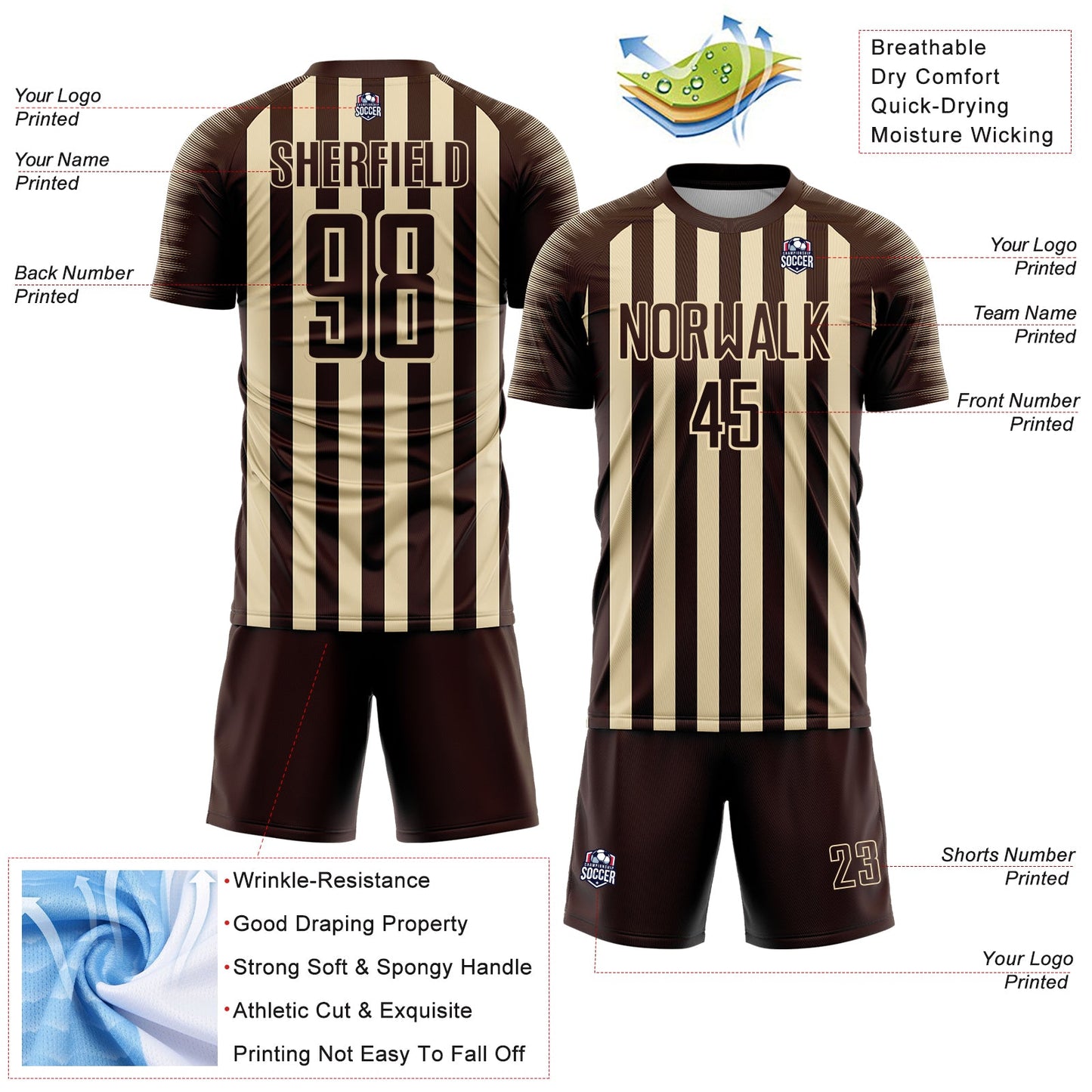 Custom Brown Cream Stripe Sports Sublimation Soccer Uniform Jersey view 4