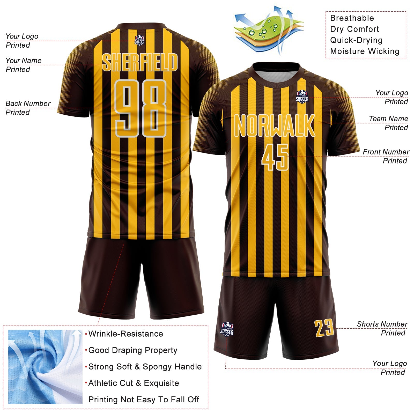 Custom Brown Gold-White Stripe Sports Sublimation Soccer Uniform Jersey view 4