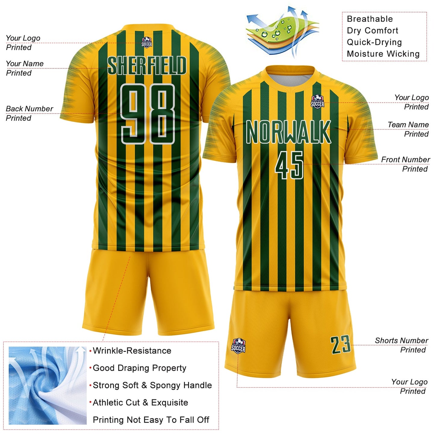 Custom Gold Green-White Stripe Sports Sublimation Soccer Uniform Jersey view 4