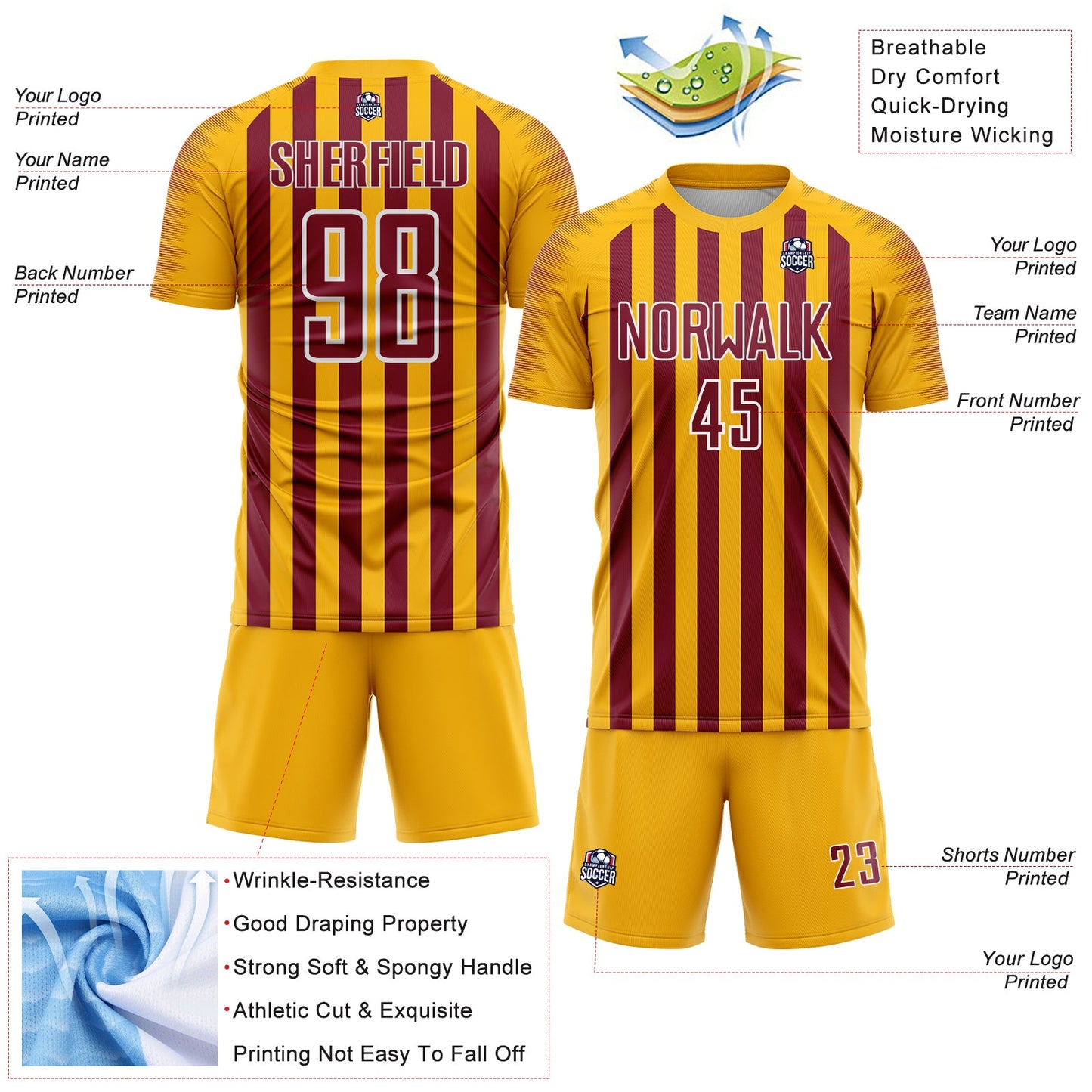 Custom Gold Crimson-White Stripe Sports Sublimation Soccer Uniform Jersey view 4