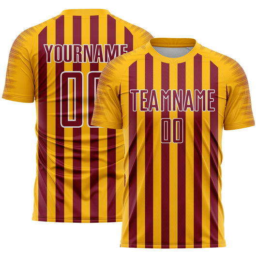 Custom Gold Crimson-White Stripe Sports Sublimation Soccer Uniform Jersey - Main View