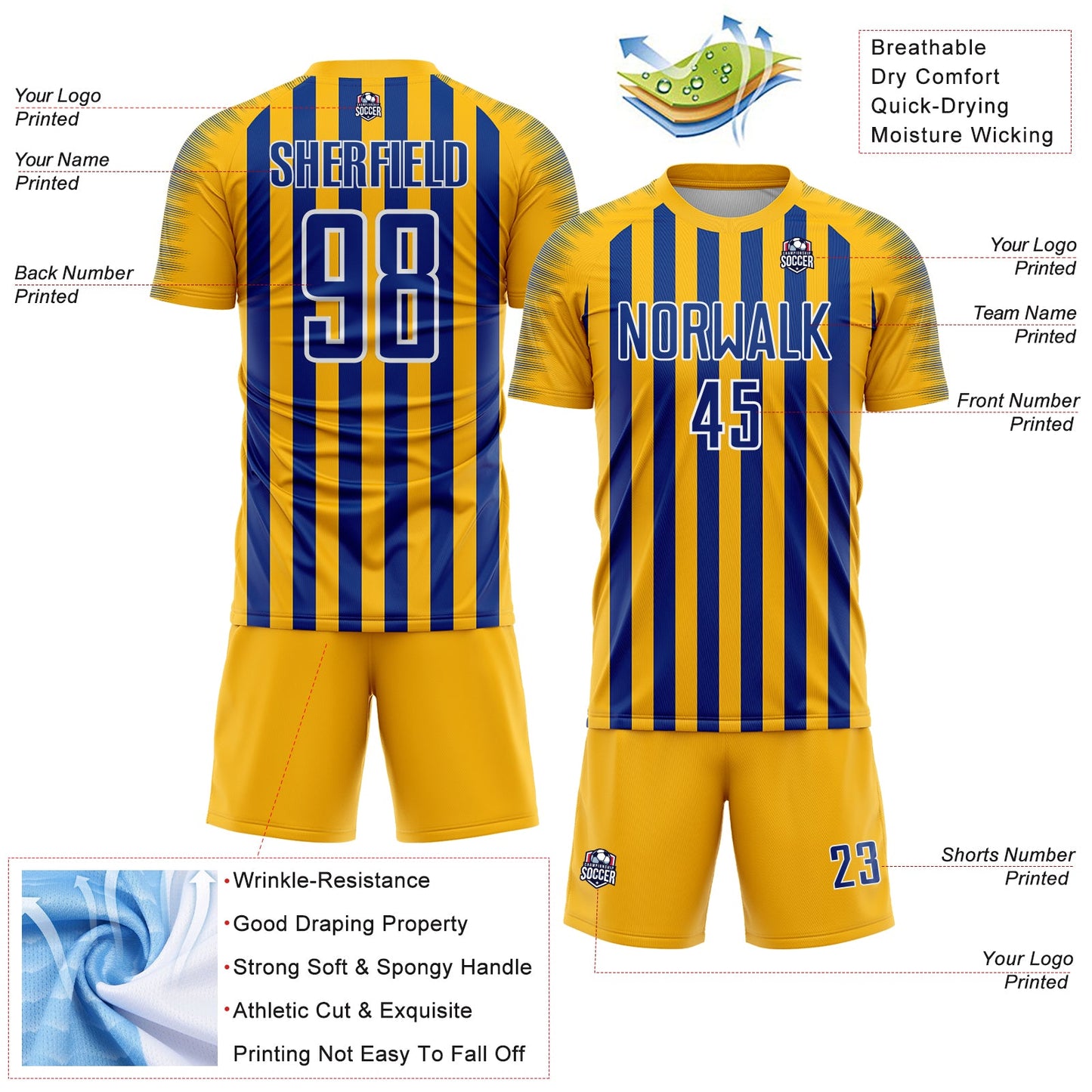 Custom Gold Royal-White Stripe Sports Sublimation Soccer Uniform Jersey view 4