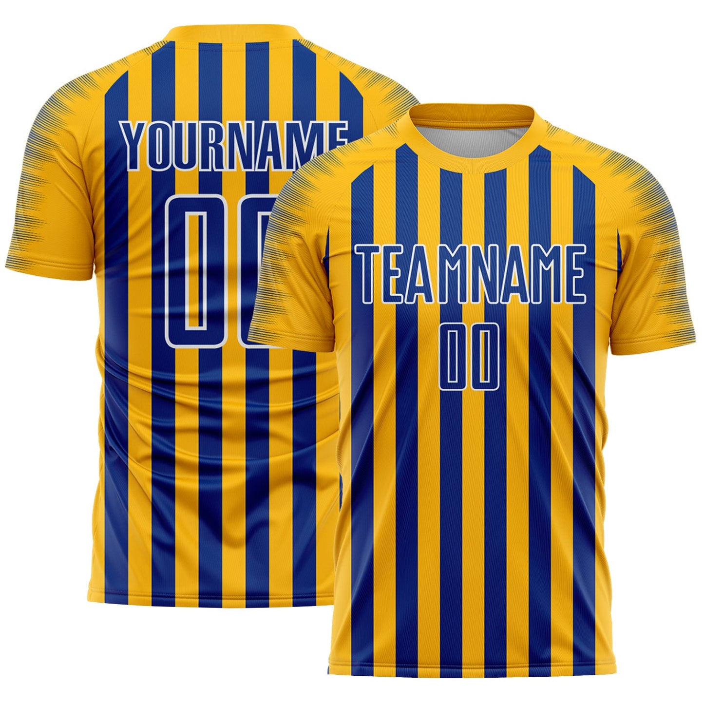 Custom Gold Royal-White Stripe Sports Sublimation Soccer Uniform Jersey - Main View