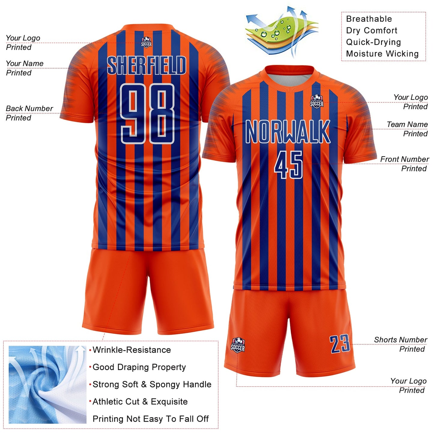 Custom Orange Royal-White Stripe Sports Sublimation Soccer Uniform Jersey view 4