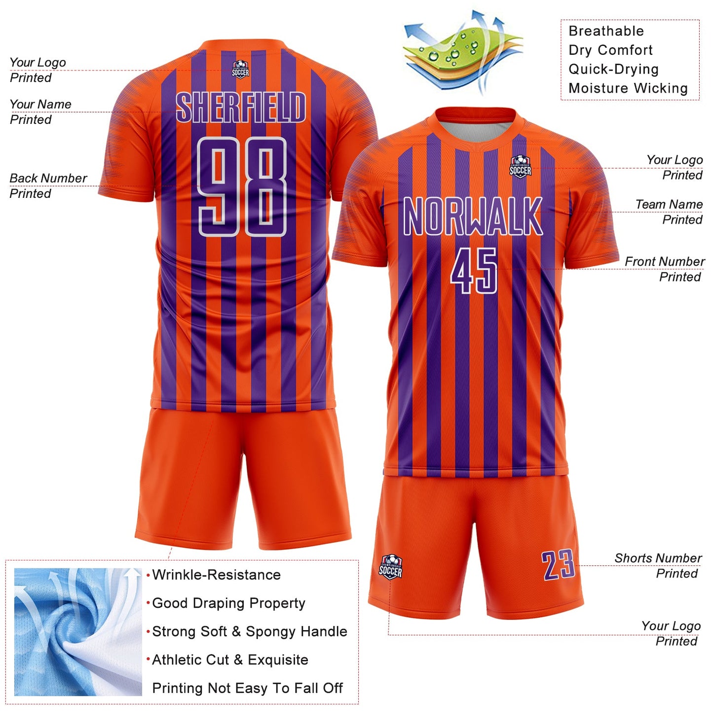 Custom Orange Purple-White Stripe Sports Sublimation Soccer Uniform Jersey view 4