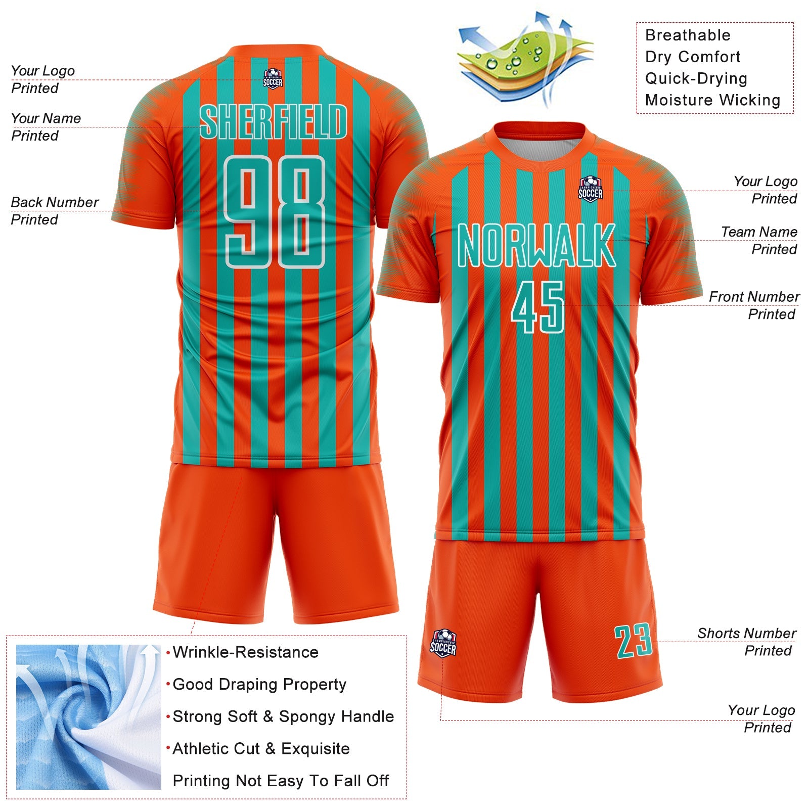 Custom Orange Aqua-White Stripe Sports Sublimation Soccer Uniform Jersey view 4