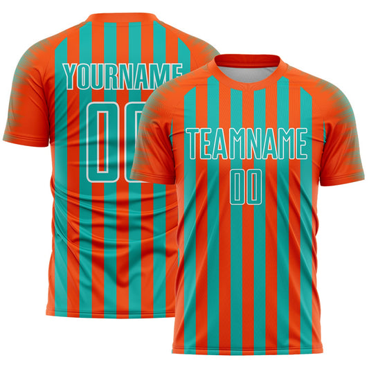 Custom Orange Aqua-White Stripe Sports Sublimation Soccer Uniform Jersey - Main View