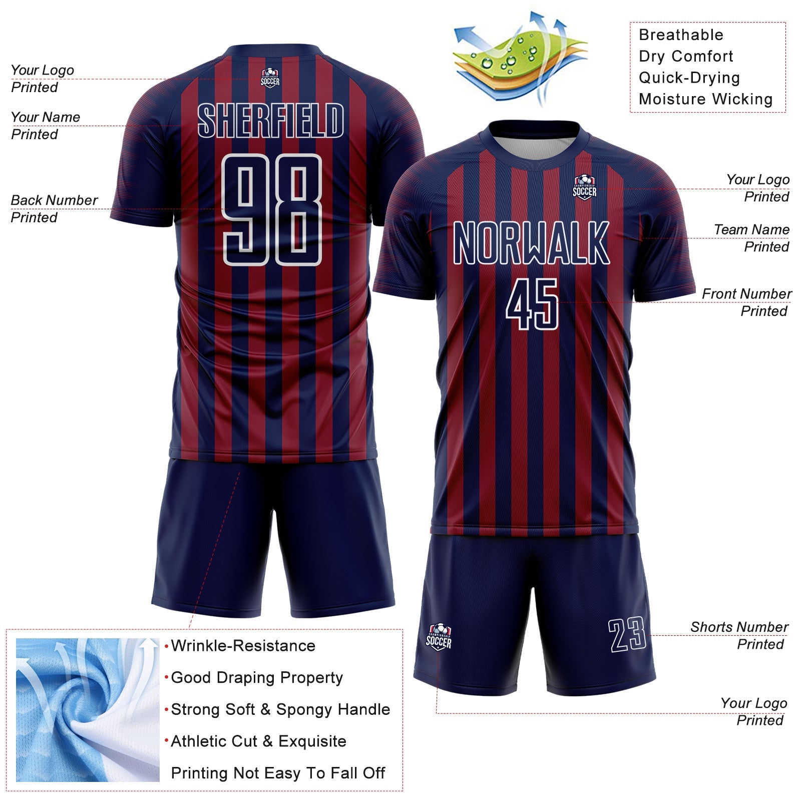 Custom Navy Crimson-White Stripe Sports Sublimation Soccer Uniform Jersey view 4