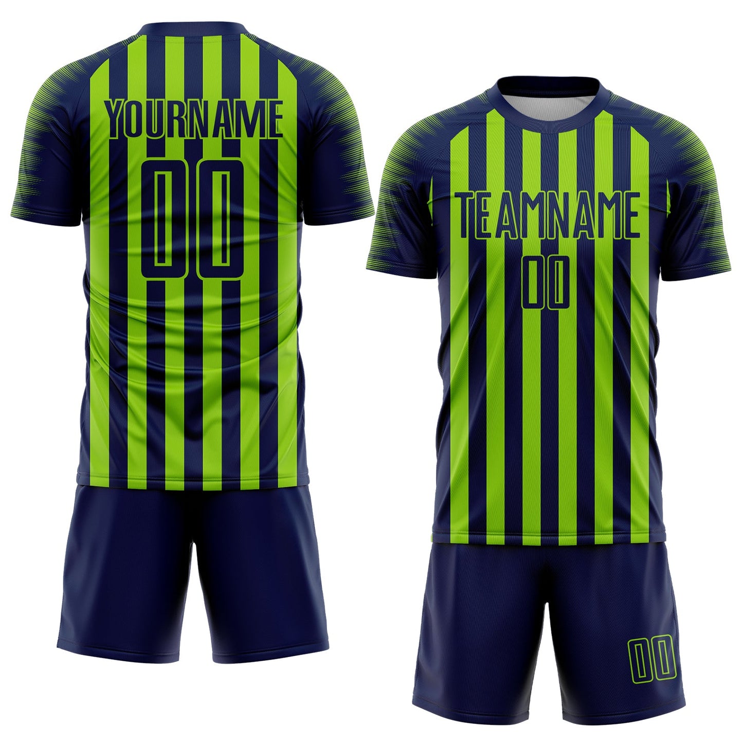 Custom Navy Neon Green Stripe Sports Sublimation Soccer Uniform Jersey view 2