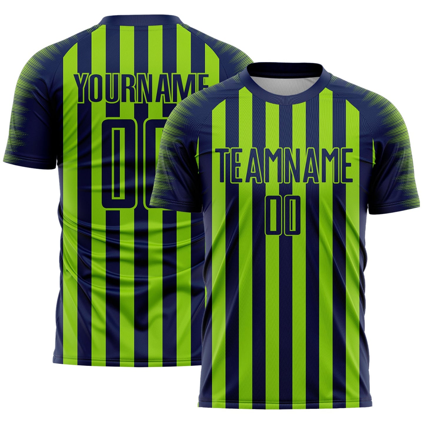 Custom Navy Neon Green Stripe Sports Sublimation Soccer Uniform Jersey - Main View