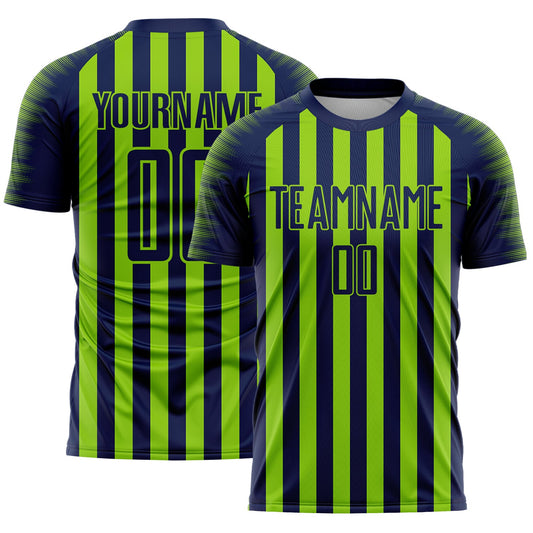 Custom Navy Neon Green Stripe Sports Sublimation Soccer Uniform Jersey - Main View