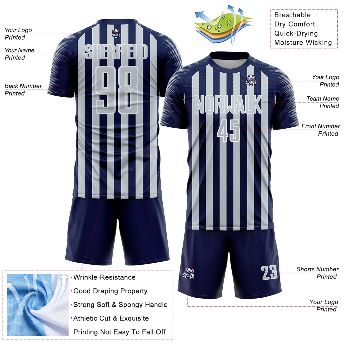Custom Navy Silver-White Stripe Sports Sublimation Soccer Uniform Jersey view 4
