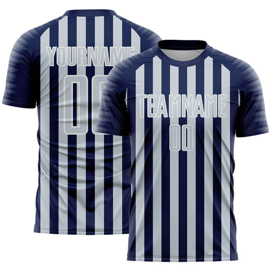 Custom Navy Silver-White Stripe Sports Sublimation Soccer Uniform Jersey - Main View