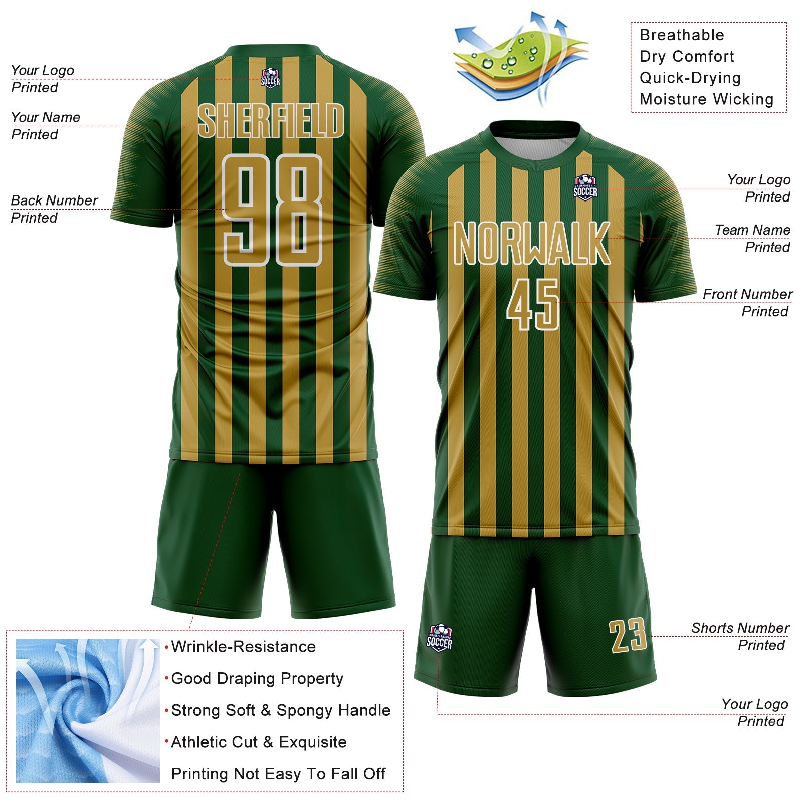 Custom Green Old Gold-White Stripe Sports Sublimation Soccer Uniform Jersey view 4