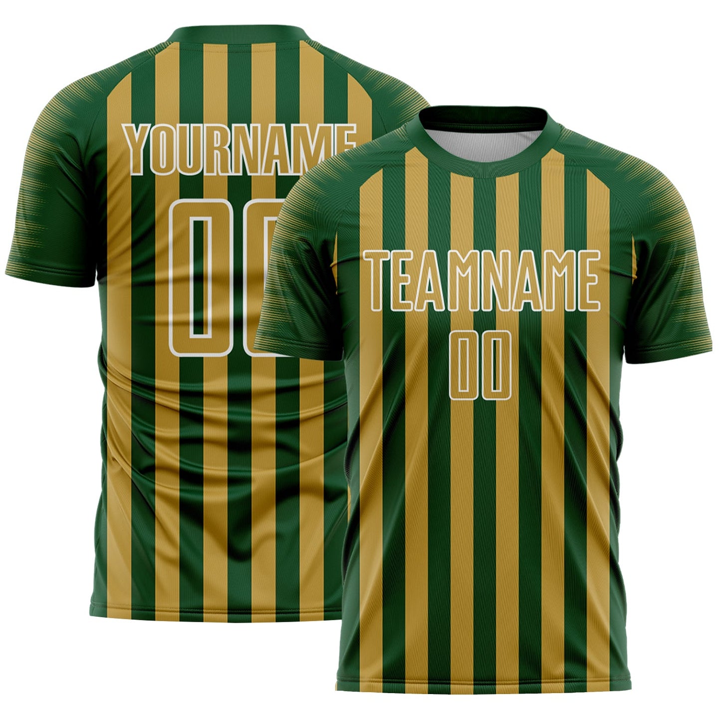 Custom Green Old Gold-White Stripe Sports Sublimation Soccer Uniform Jersey - Main View