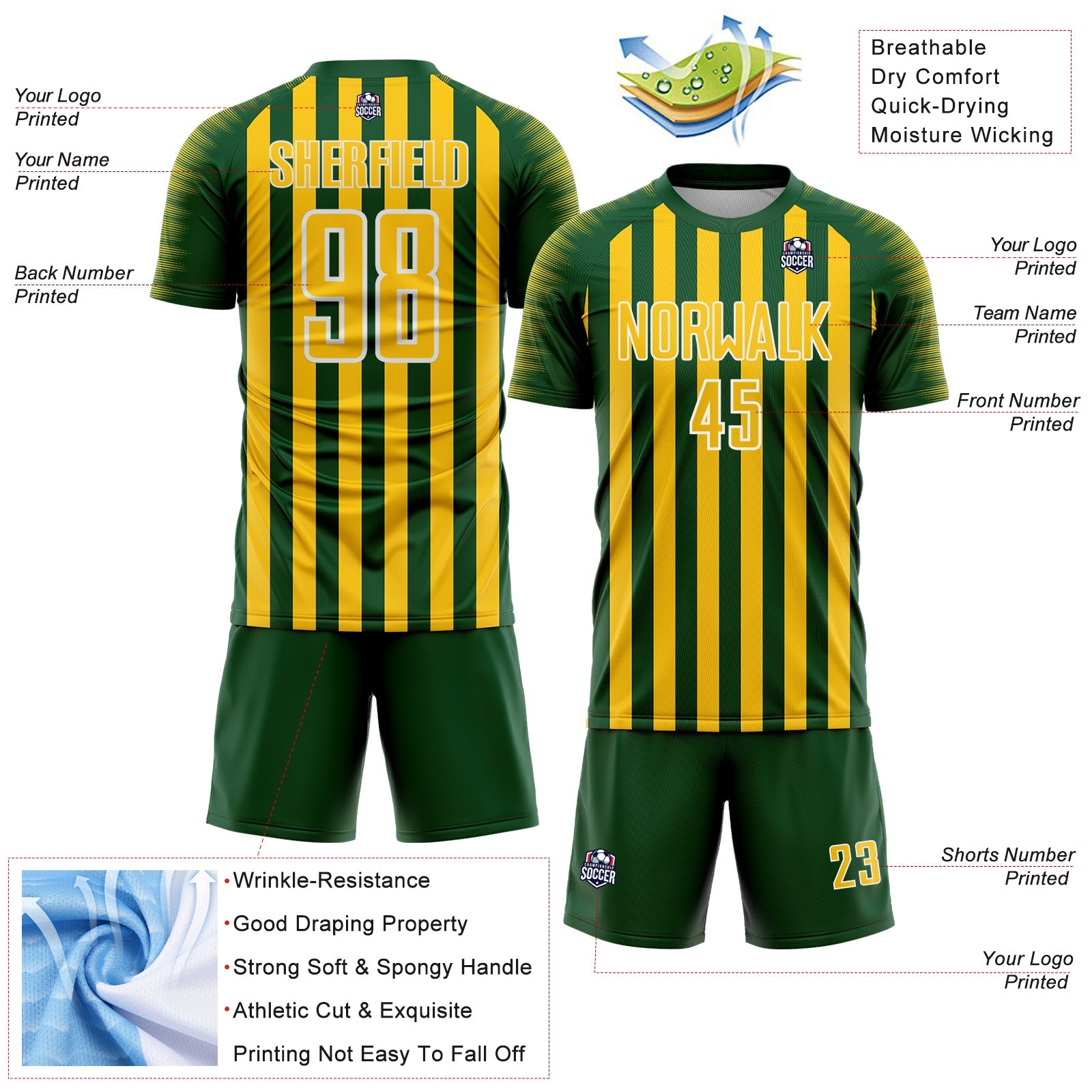 Custom Green Yellow-White Stripe Sports Sublimation Soccer Uniform Jersey view 4