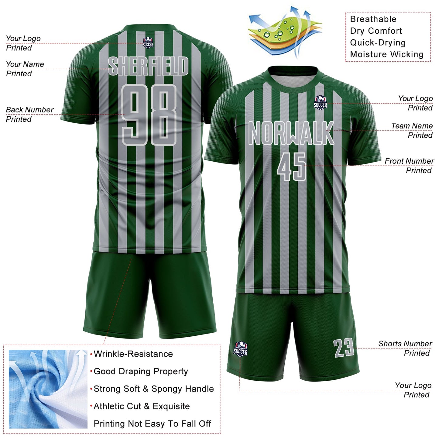 Custom Green Gray-White Stripe Sports Sublimation Soccer Uniform Jersey view 4