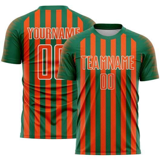Custom Kelly Green Orange-White Stripe Sports Sublimation Soccer Uniform Jersey - Main View