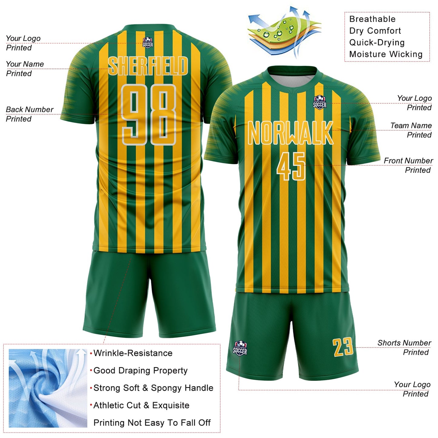 Custom Kelly Green Gold-White Stripe Sports Sublimation Soccer Uniform Jersey view 4