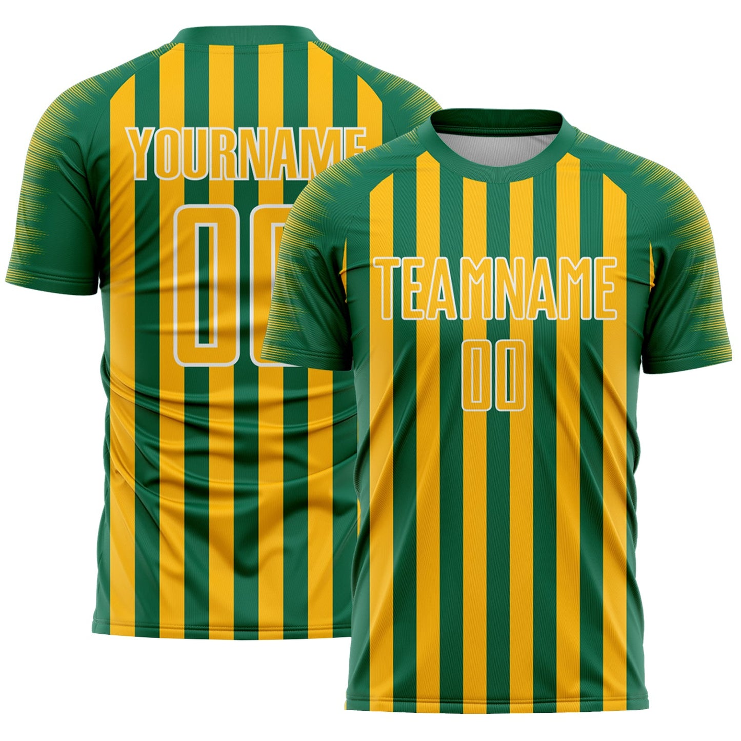 Custom Kelly Green Gold-White Stripe Sports Sublimation Soccer Uniform Jersey - Main View