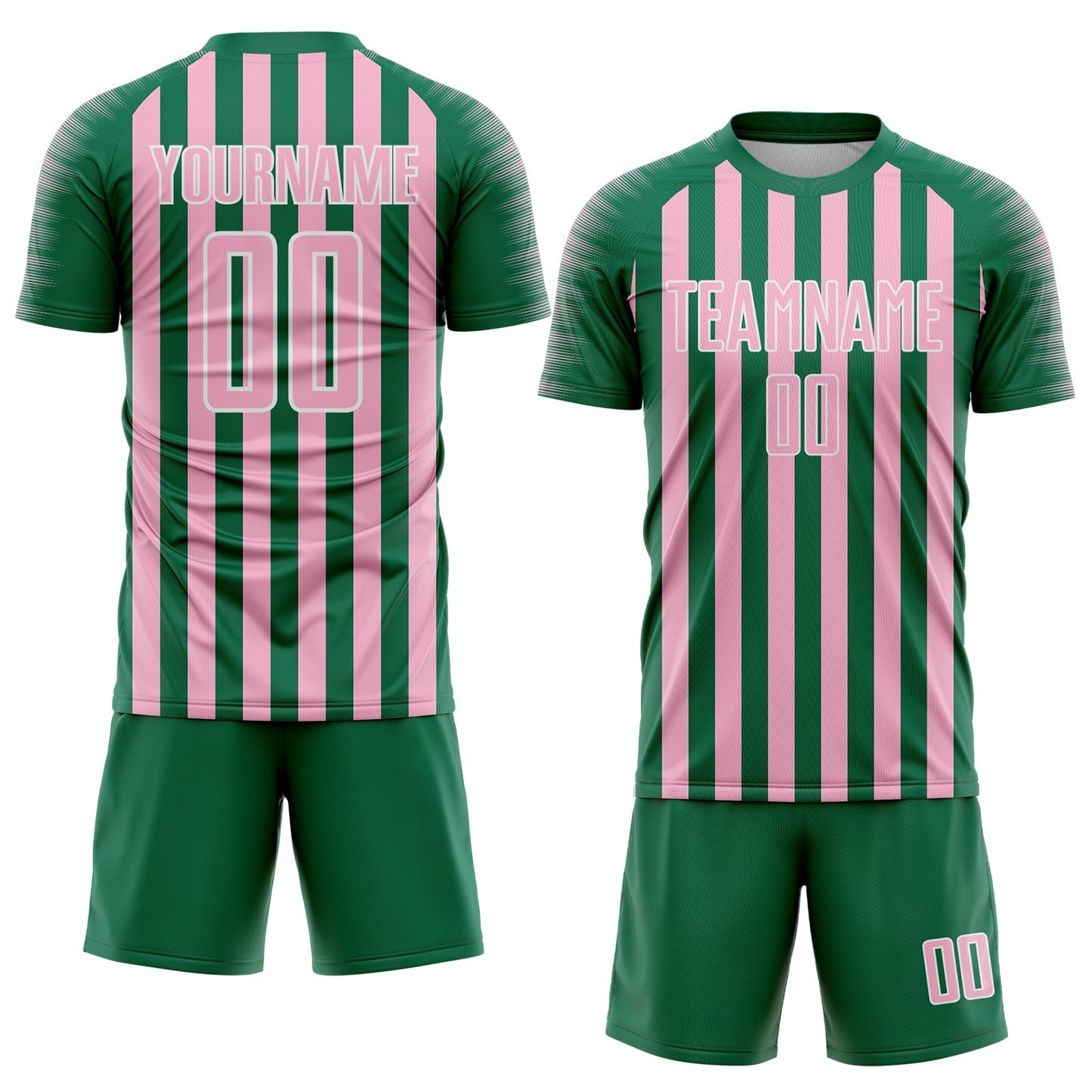 Custom Kelly Green Light Pink-White Stripe Sports Sublimation Soccer Uniform Jersey view 2
