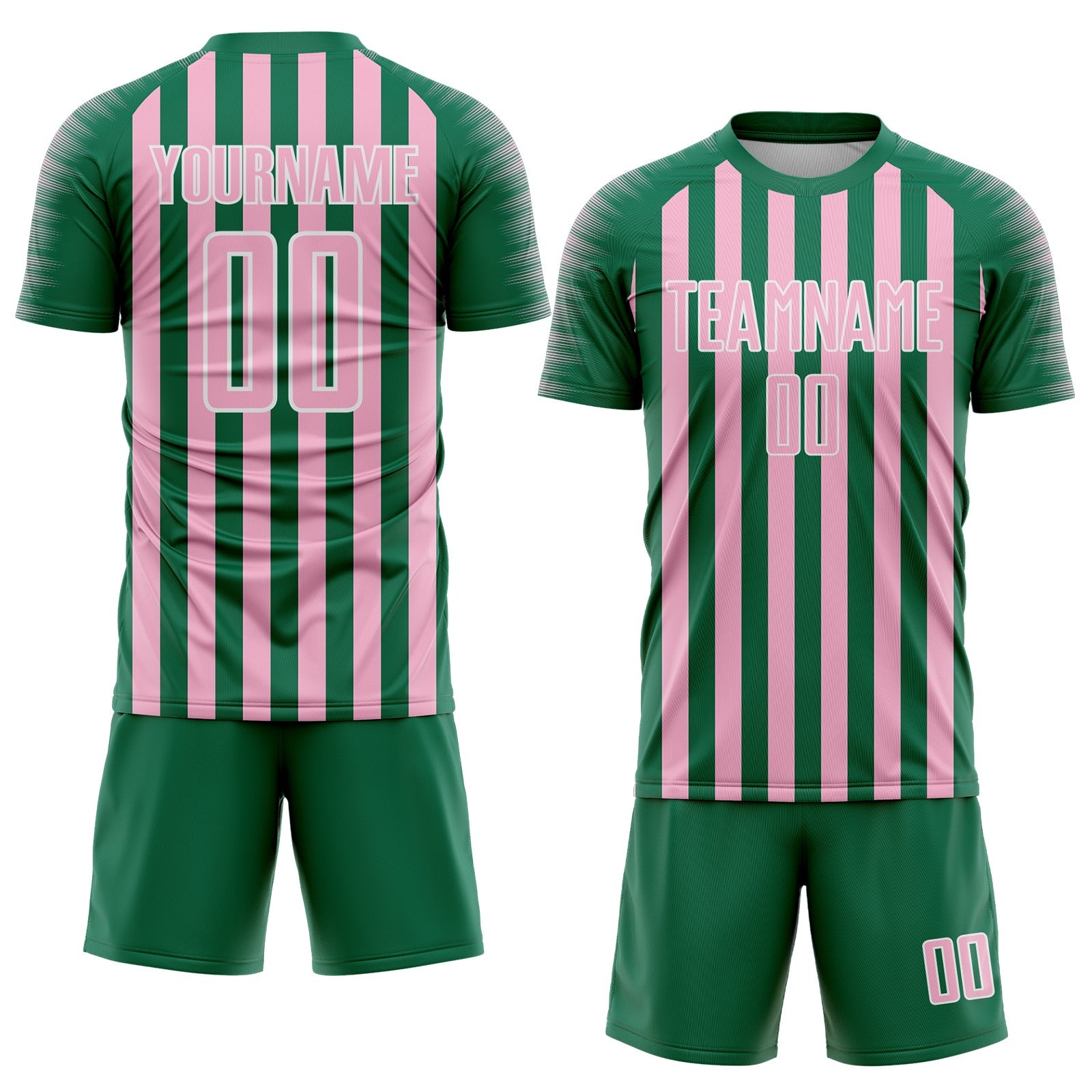 Custom Kelly Green Light Pink-White Stripe Sports Sublimation Soccer Uniform Jersey view 2